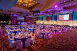 Alternating Satin Drapery Panels Hung from a Truss at a Las Vegas Event From Turn of Events Las Vegas Rental Drapery