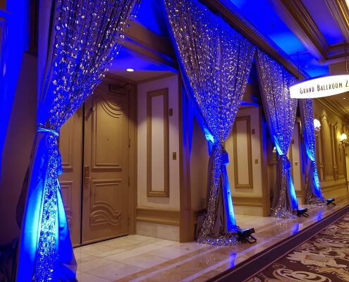 Silver Satin Drapery with Tear Drop Bead Overlay From Turn of Events Las Vegas Rental Drapery