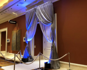 Multi layered Silver Satin Tied Back Drapery Event Entrance from Turn of Events Las Vegas