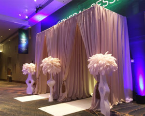 Custom Taupe Satin Drapery Dual Entrance from Turn of Events Las Vegas