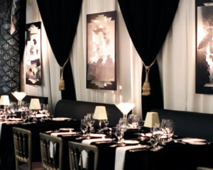 Hollywood Theme Drapery with Tied Back Black Velour and Gold Tassel Ties from Turn of Events Las Vegas