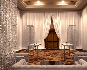 Beaded Column Décor From Turn of Events Las Vegas. Rental Drapery, Pipe and drape in Las Vegas. Duvetyne Drapery and More for all your drapery rental needs.