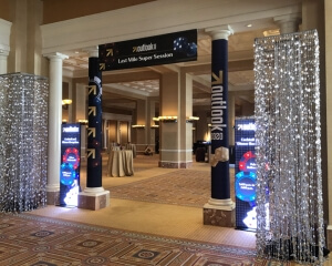 Beaded Column Décor From Turn of Events Las Vegas. Rental Drapery, Pipe and drape in Las Vegas. Duvetyne Drapery and More for all your drapery rental needs.