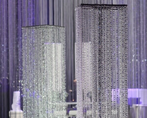 Beaded Column Décor From Turn of Events Las Vegas. Rental Drapery, Pipe and drape in Las Vegas. Duvetyne Drapery and More for all your drapery rental needs.