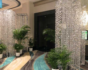 Beaded Column Décor From Turn of Events Las Vegas. Rental Drapery, Pipe and drape in Las Vegas. Duvetyne Drapery and More for all your drapery rental needs.